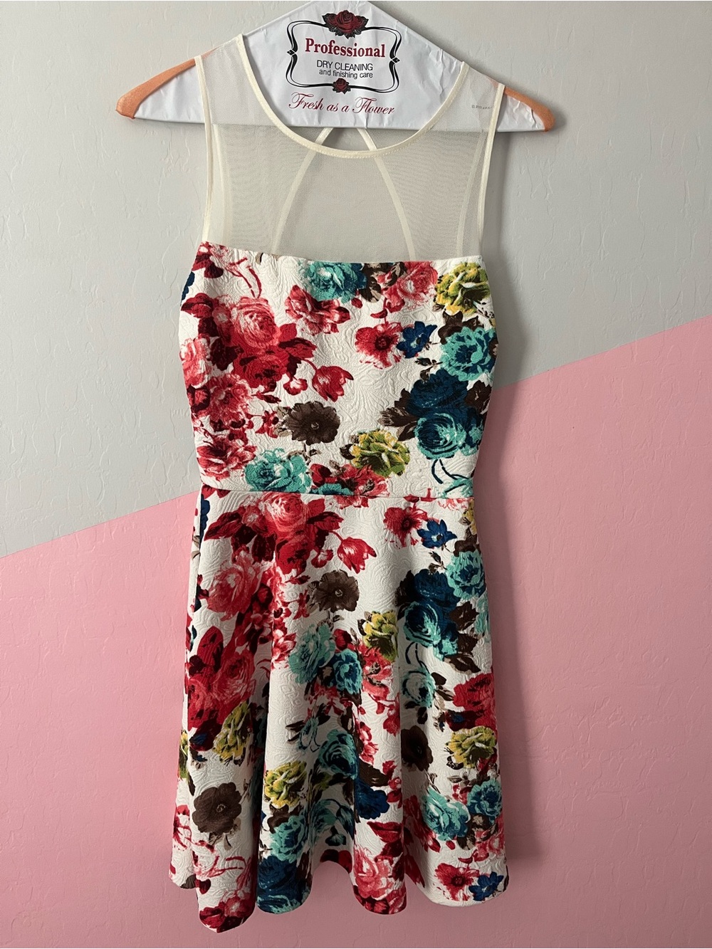 Floral Fit & Flare Mesh Dress - White with Multicolor Roses
